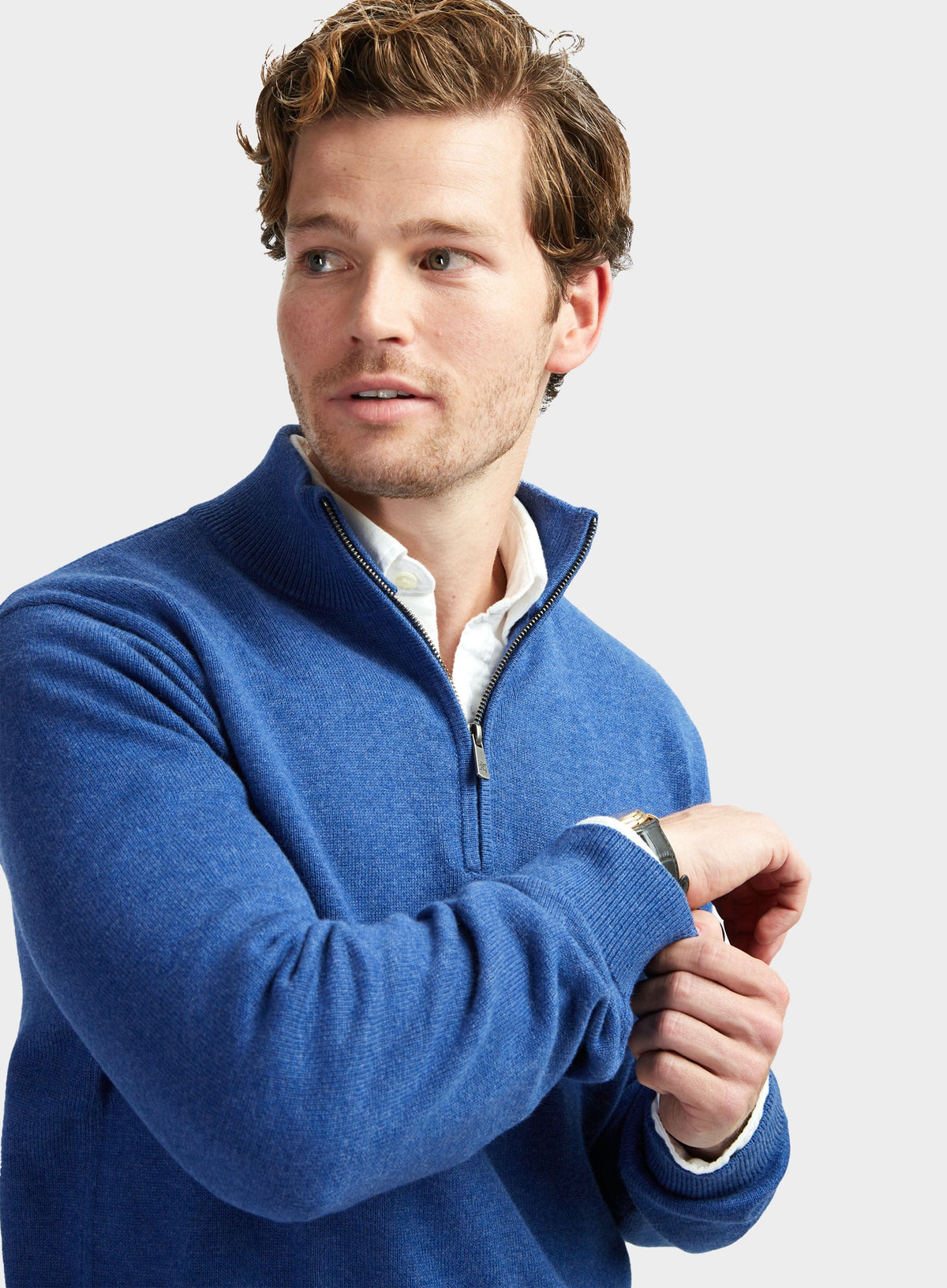 Men’s cotton cashmere quarter zip jumper in Marine Blue.