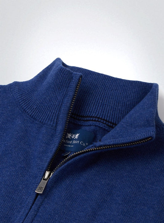 Men’s cotton cashmere quarter zip jumper in Marine Blue.