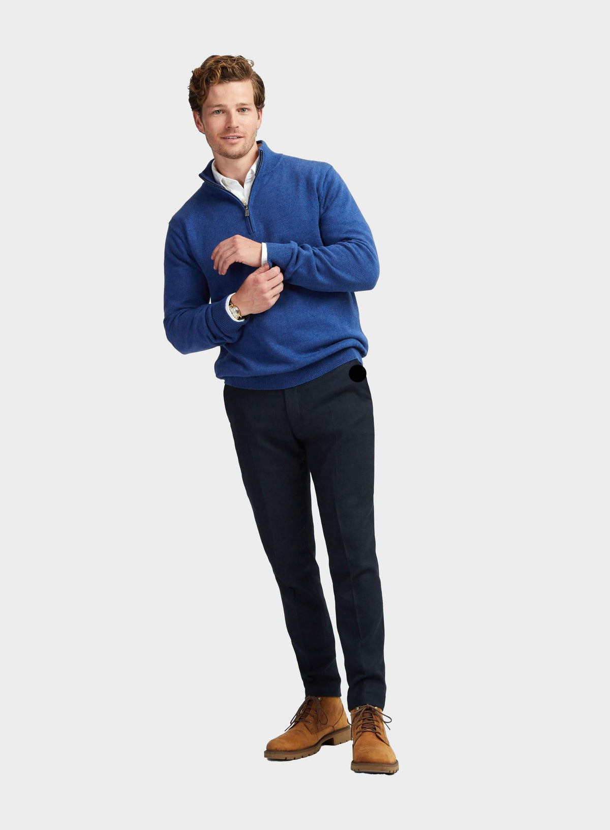 Men’s cotton cashmere quarter zip jumper in Marine Blue.