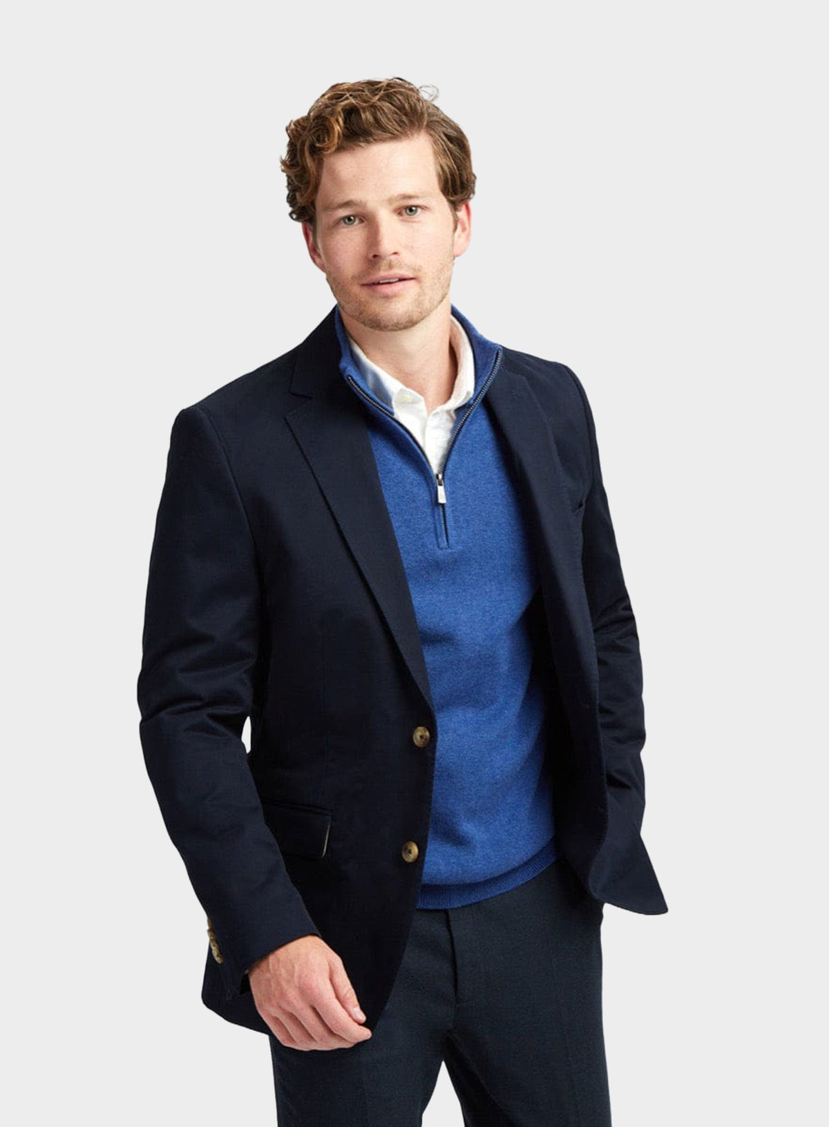 Men’s cotton cashmere quarter zip jumper in Marine Blue.