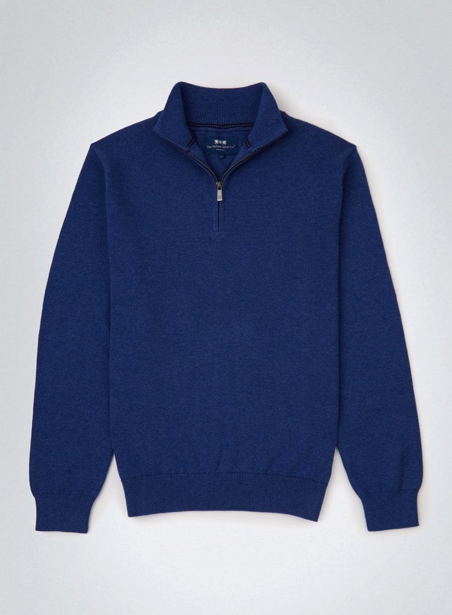Men’s cotton cashmere quarter zip jumper in Marine Blue.