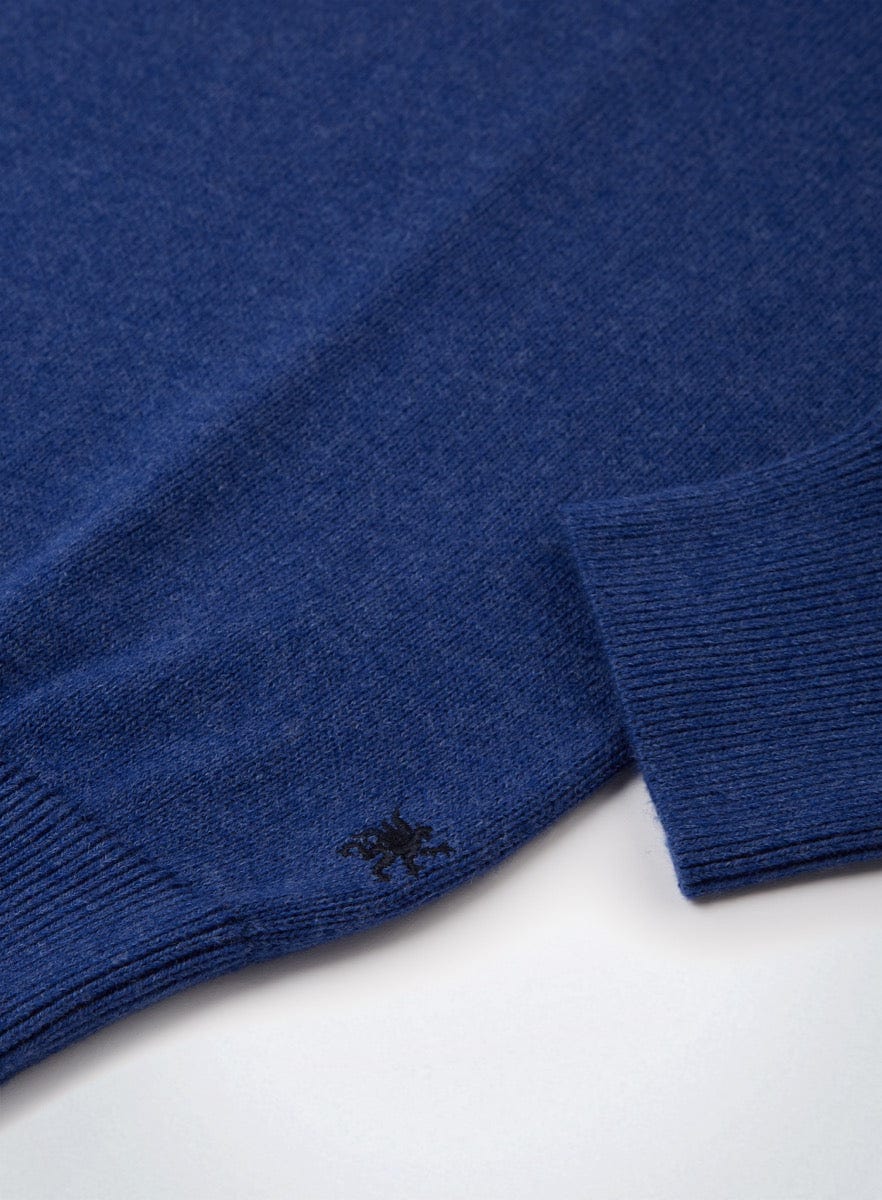 Men’s cotton cashmere quarter zip jumper in Marine Blue.
