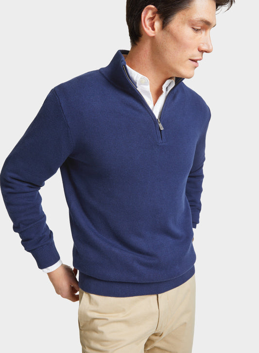 Men’s cotton cashmere quarter zip jumper in Midnight.