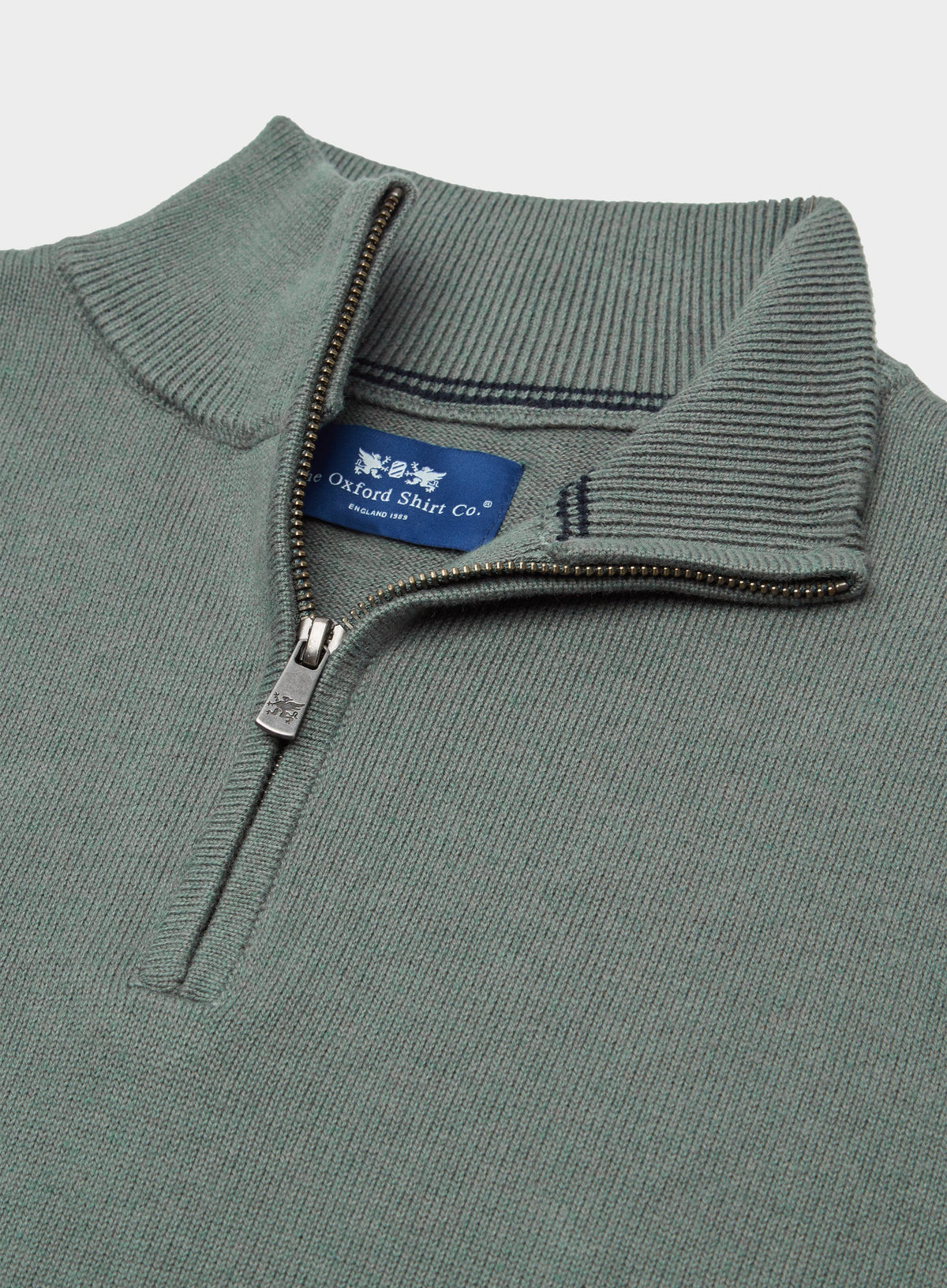 Men’s cotton cashmere quarter zip jumper in Moss.