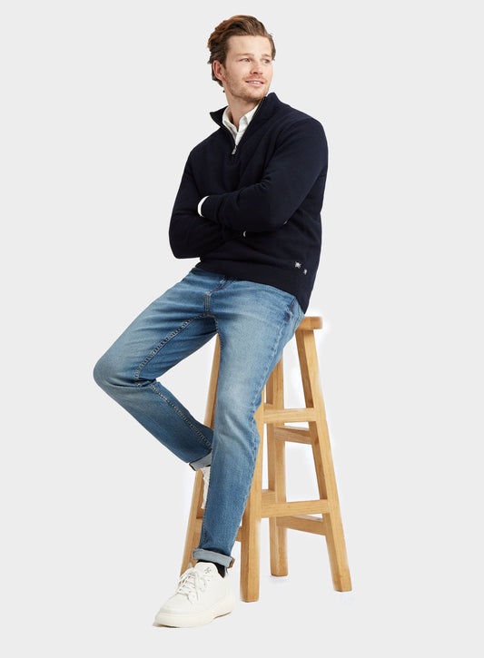 Men’s cotton cashmere quarter zip jumper in Neat Navy.