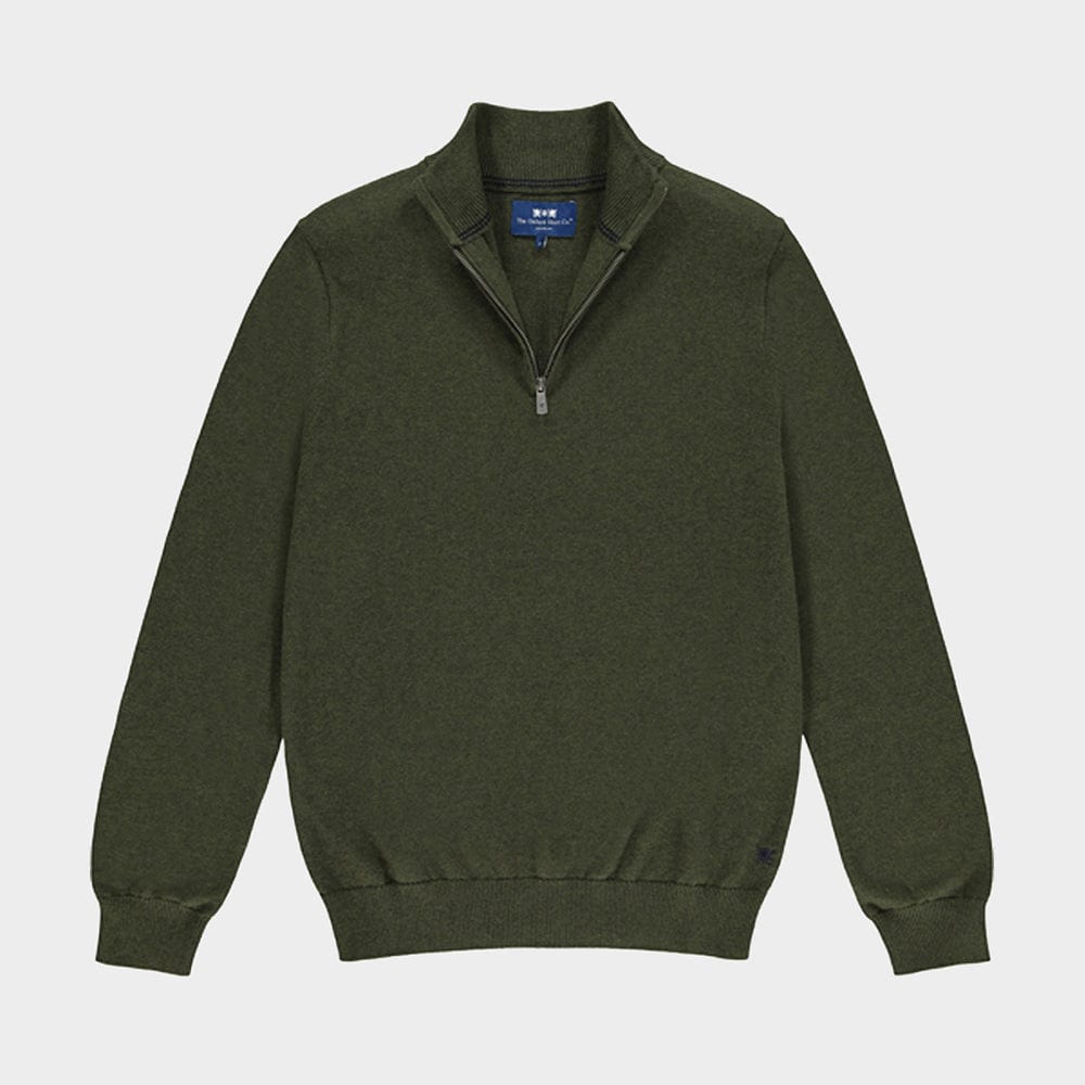 Men’s cotton cashmere quarter zip jumper in Olive.