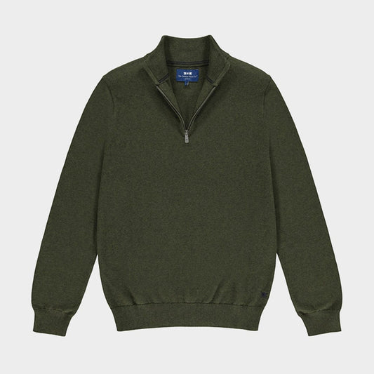Men’s cotton cashmere quarter zip jumper in Olive.