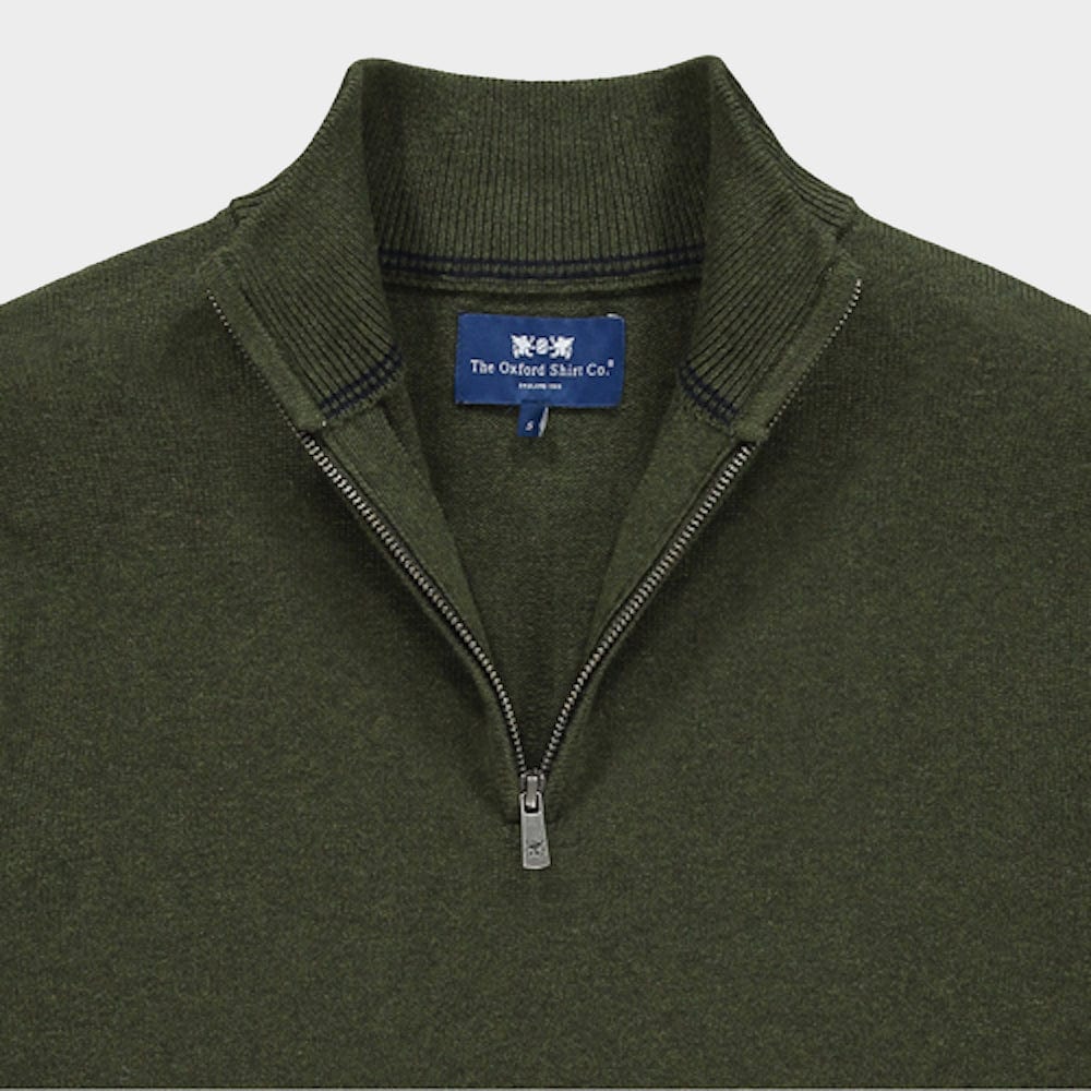 Men’s cotton cashmere quarter zip jumper in Olive.