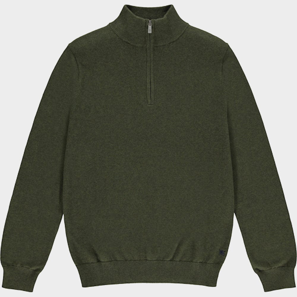 Men’s cotton cashmere quarter zip jumper in Olive.