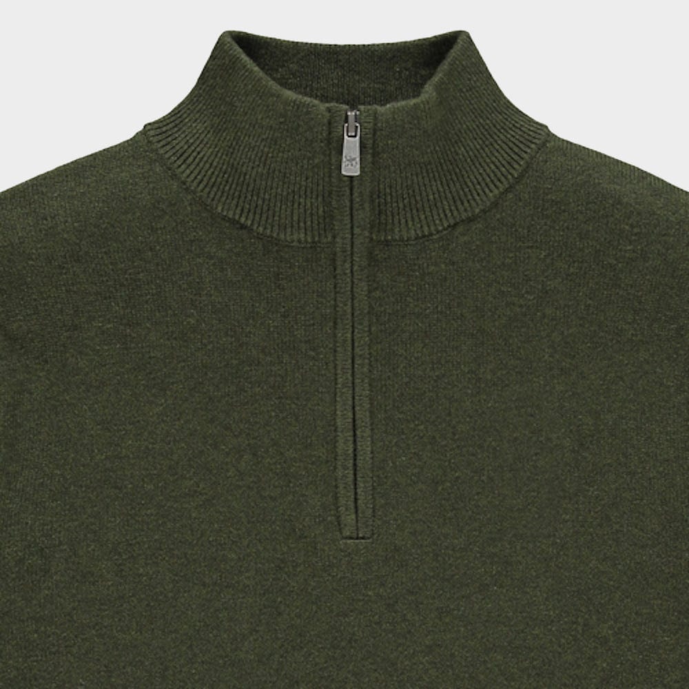 Men’s cotton cashmere quarter zip jumper in Olive.