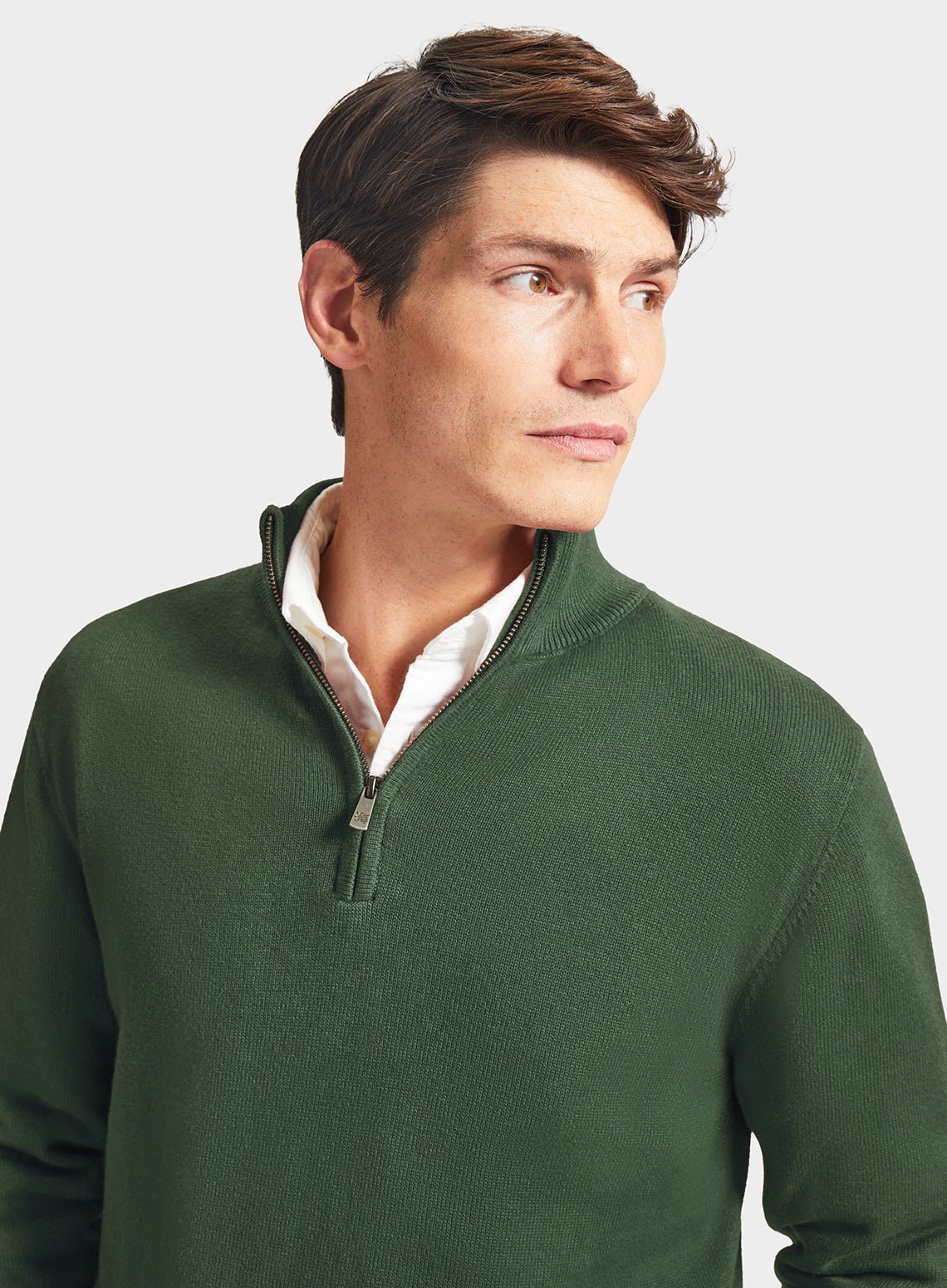 Men’s cotton cashmere quarter zip jumper in Pea Green.