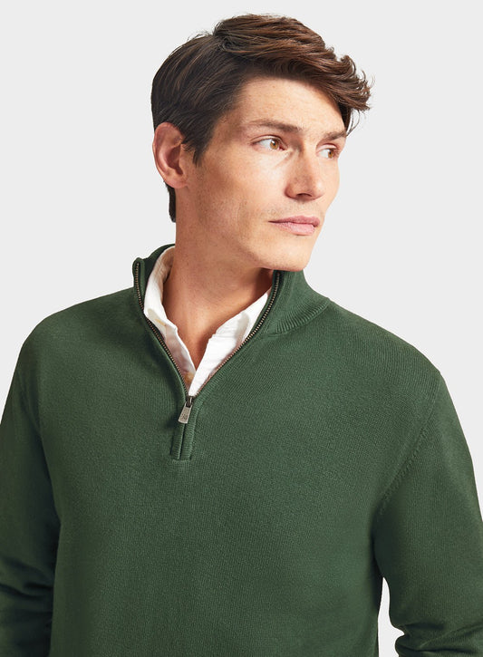 Men’s cotton cashmere quarter zip jumper in Pea Green.
