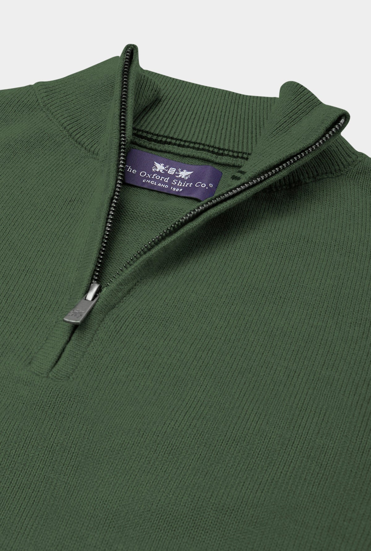 Men’s cotton cashmere quarter zip jumper in Pea Green.