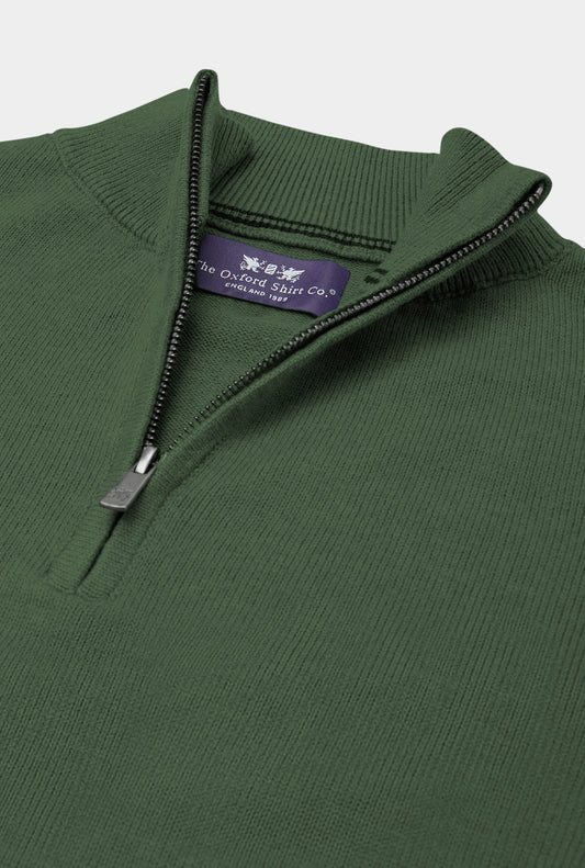 Men’s cotton cashmere quarter zip jumper in Pea Green.