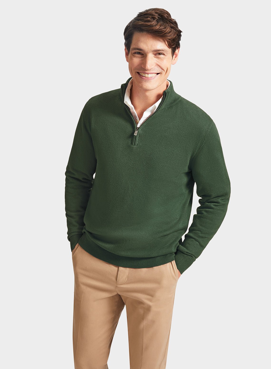 Men’s cotton cashmere quarter zip jumper in Pea Green.