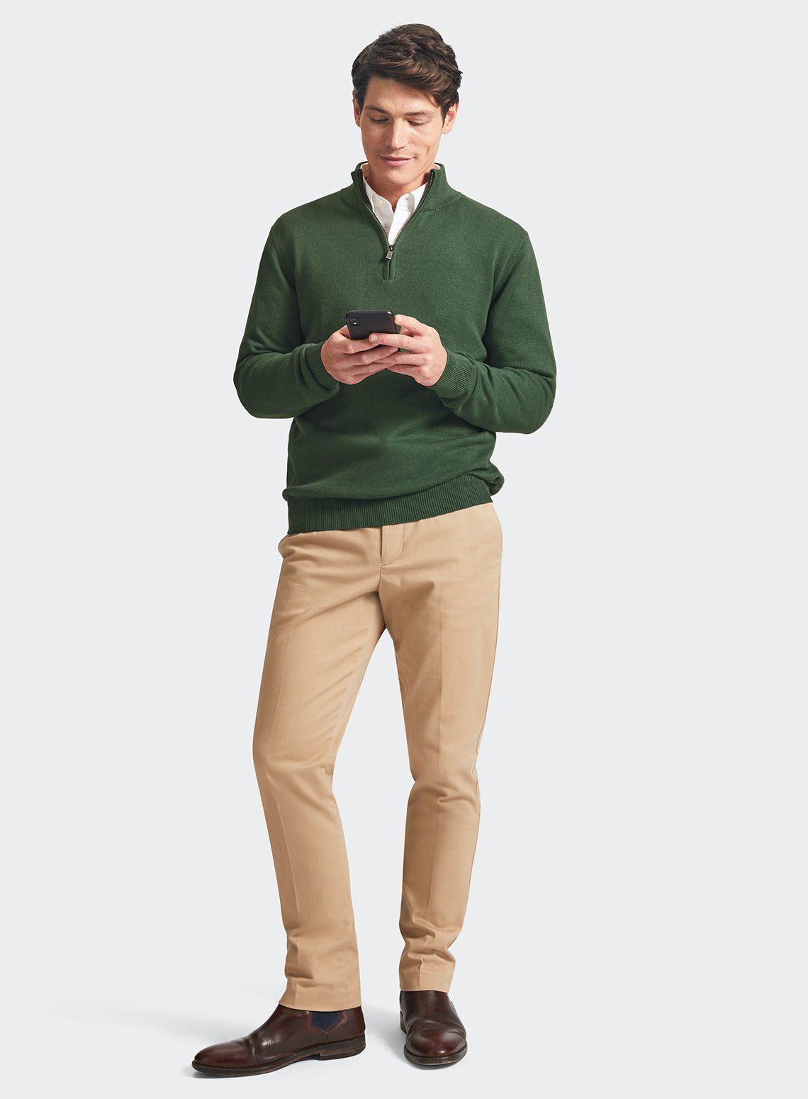 Men’s cotton cashmere quarter zip jumper in Pea Green.