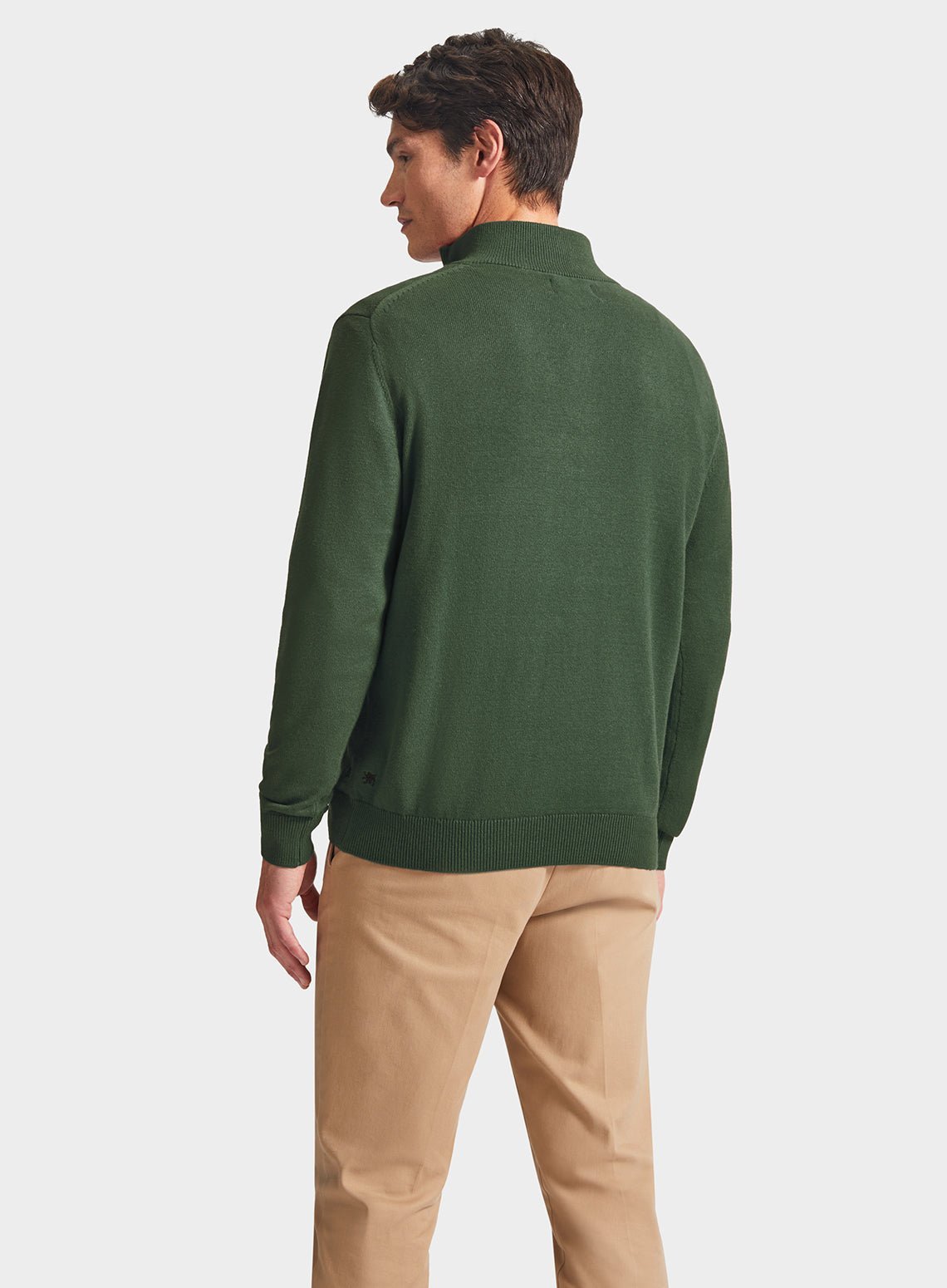 Men’s cotton cashmere quarter zip jumper in Pea Green.