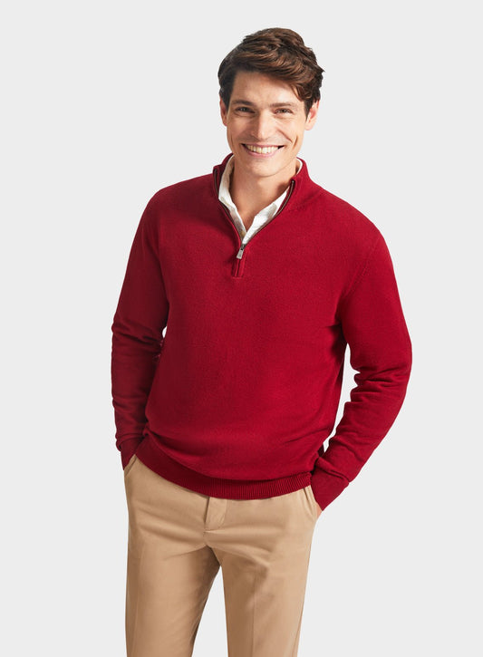 Men’s cotton cashmere quarter zip jumper in Wine.