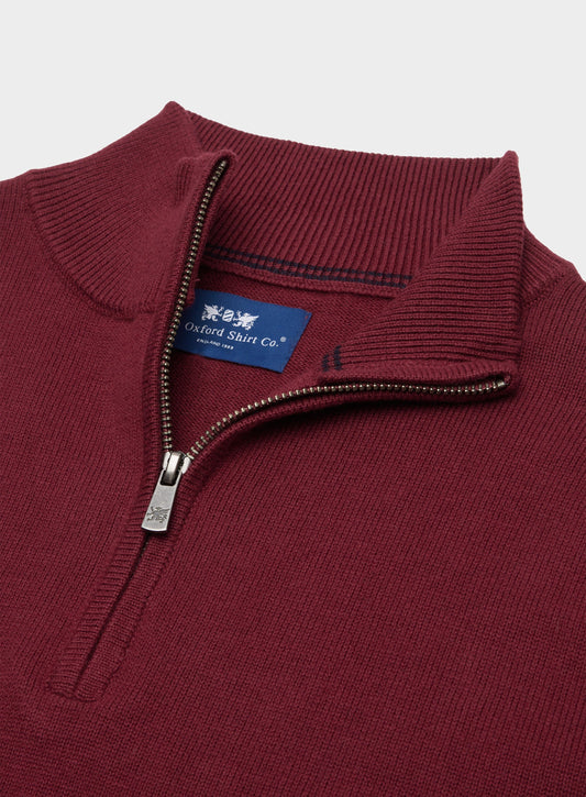 Men’s cotton cashmere quarter zip jumper in Wine.