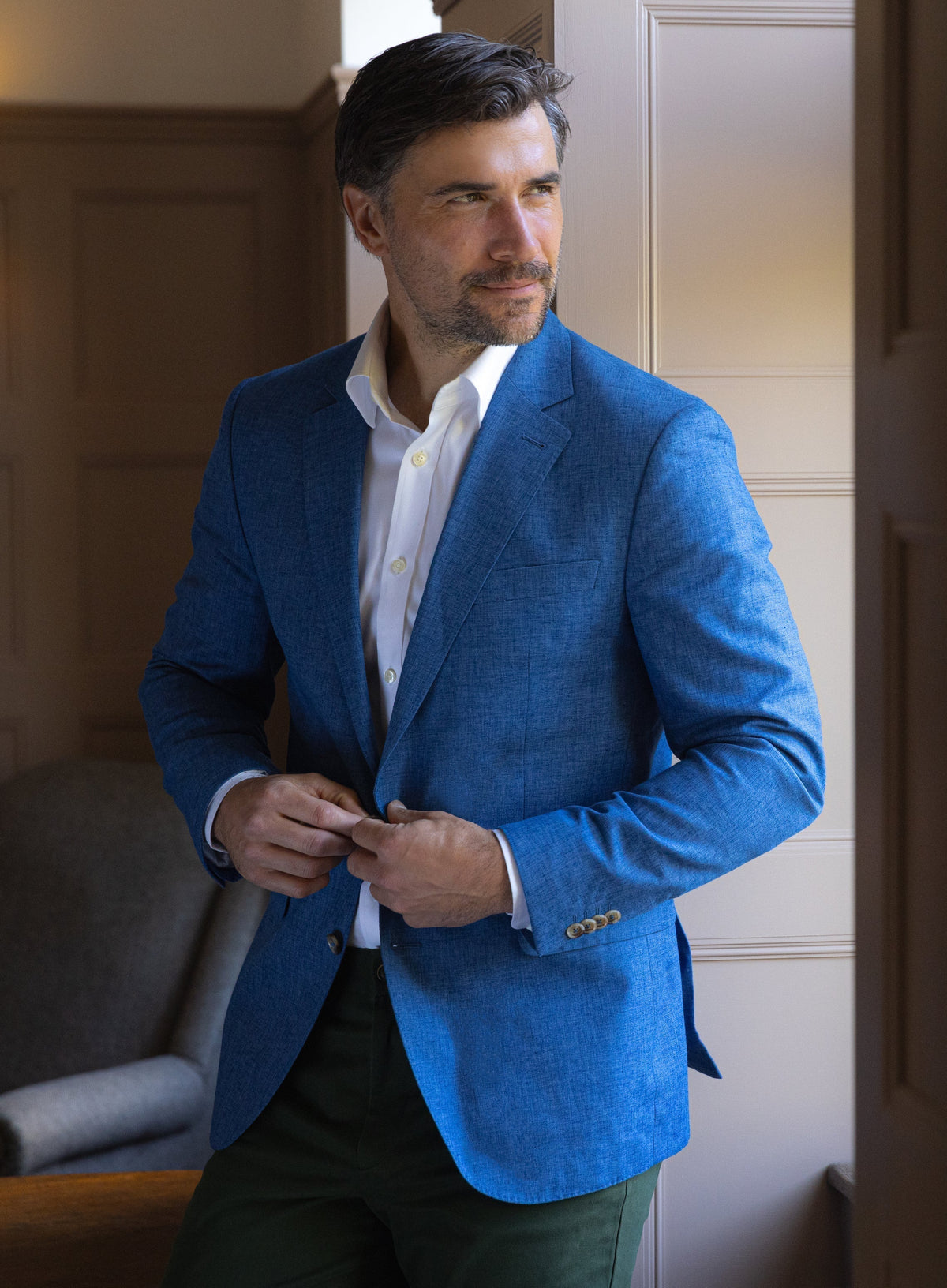 Men’s cotton linen blazer in Blue.