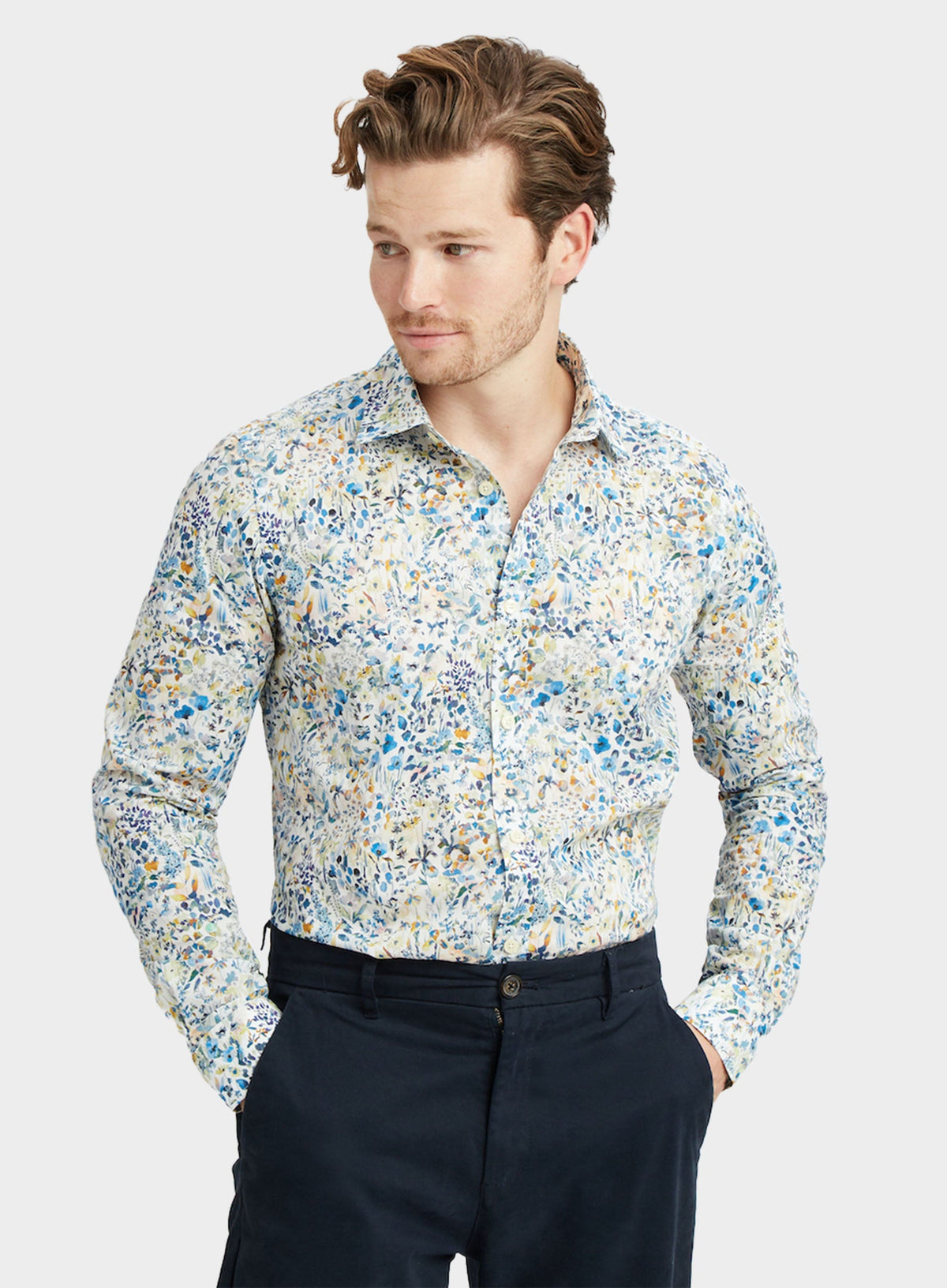 Men’s shirt in Felda Blue Liberty fabric.