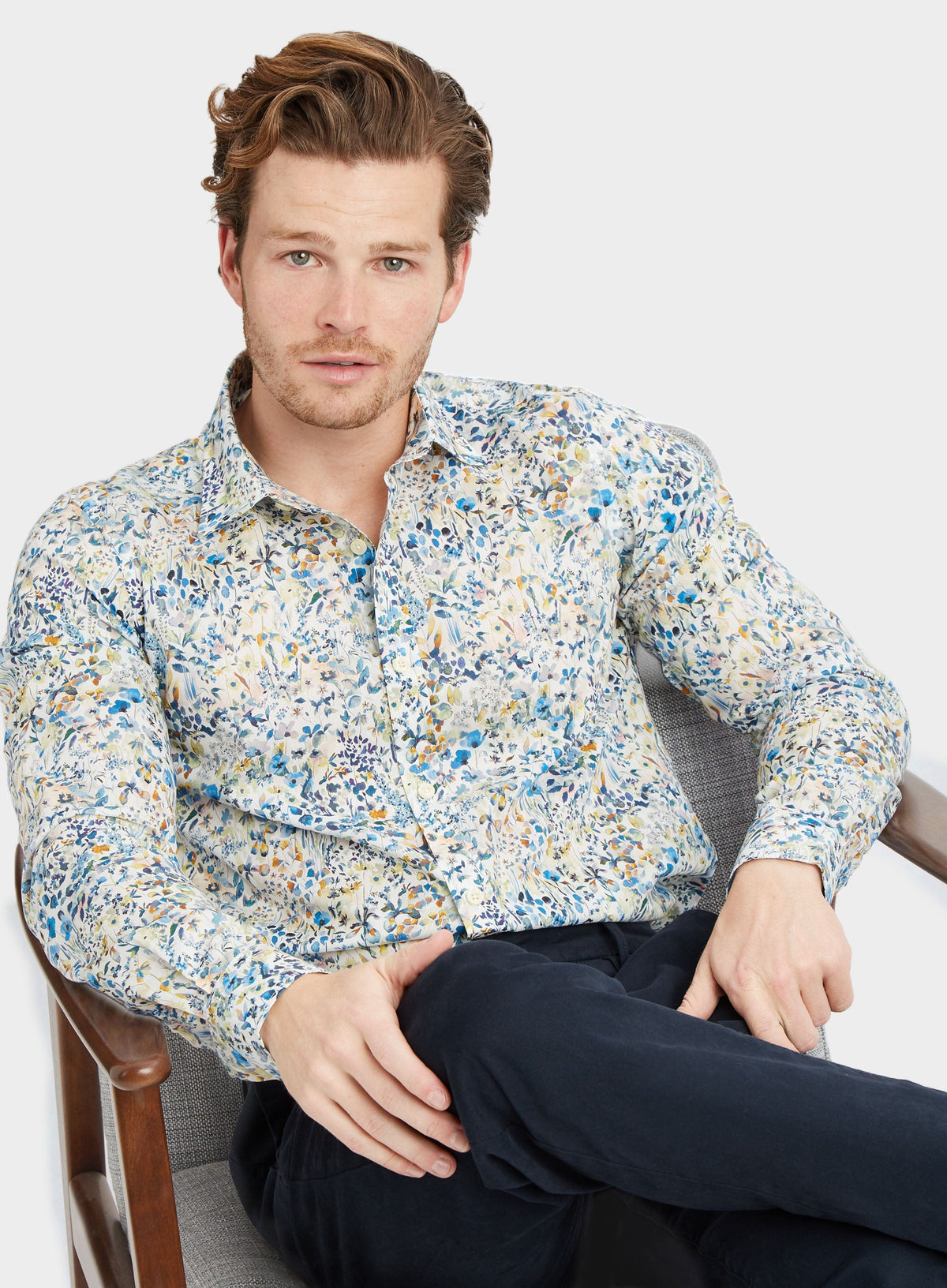 Men’s shirt in Felda Blue Liberty fabric.