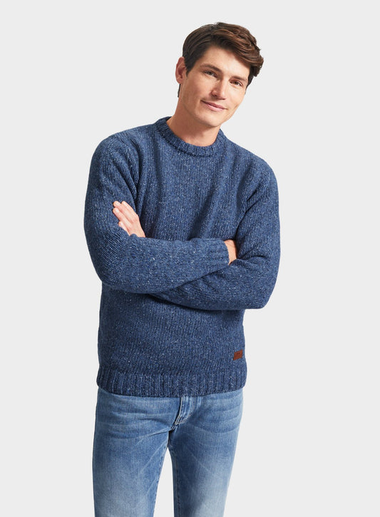 Men’s knitted neppy crew neck jumper in Denim.