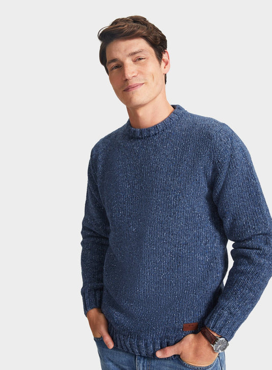 Men’s knitted neppy crew neck jumper in Denim.