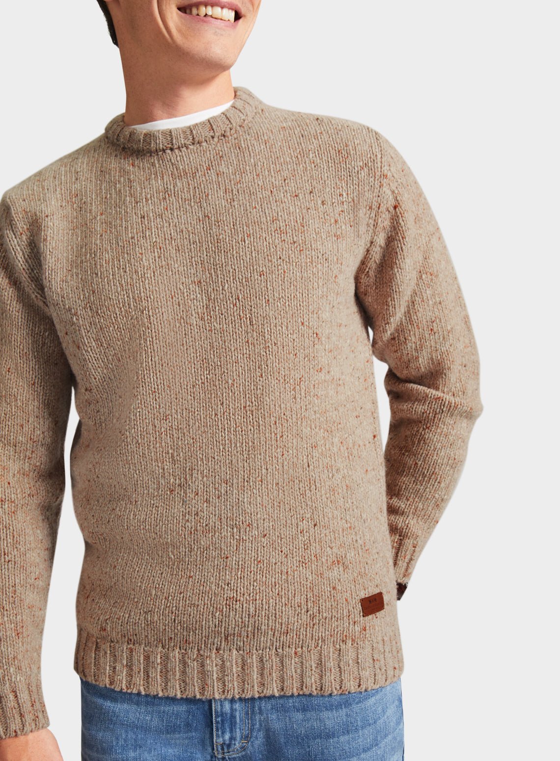 Men’s knitted neppy crew neck jumper in Oatmeal.