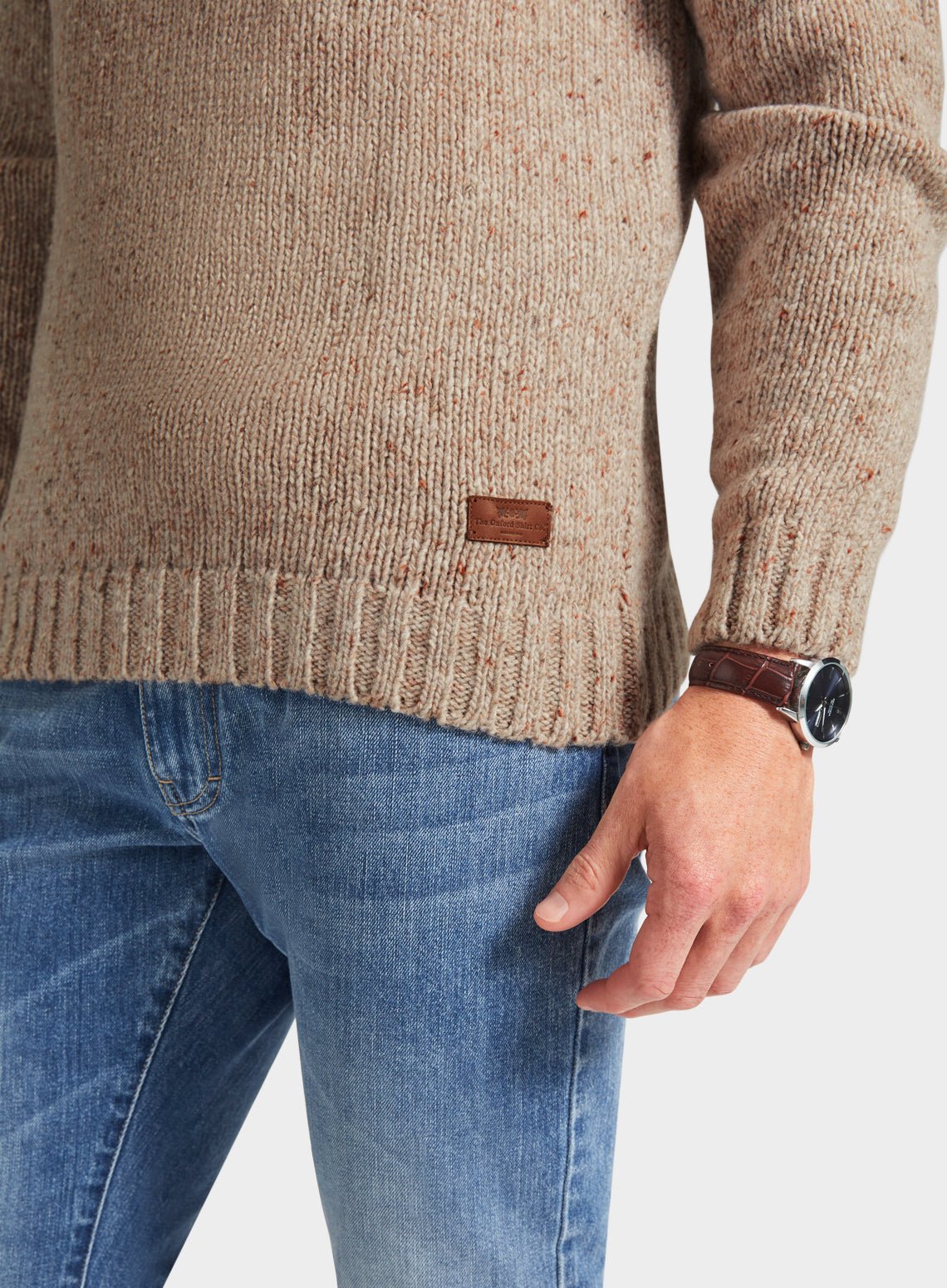 Men’s knitted neppy crew neck jumper in Oatmeal.