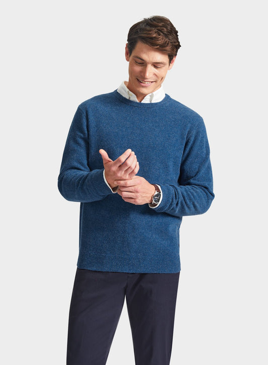 Men’s lambswool crew neck jumper in Blue.
