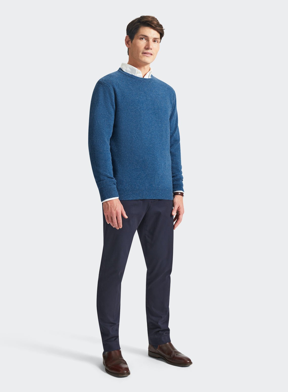 Men’s lambswool crew neck jumper in Blue.