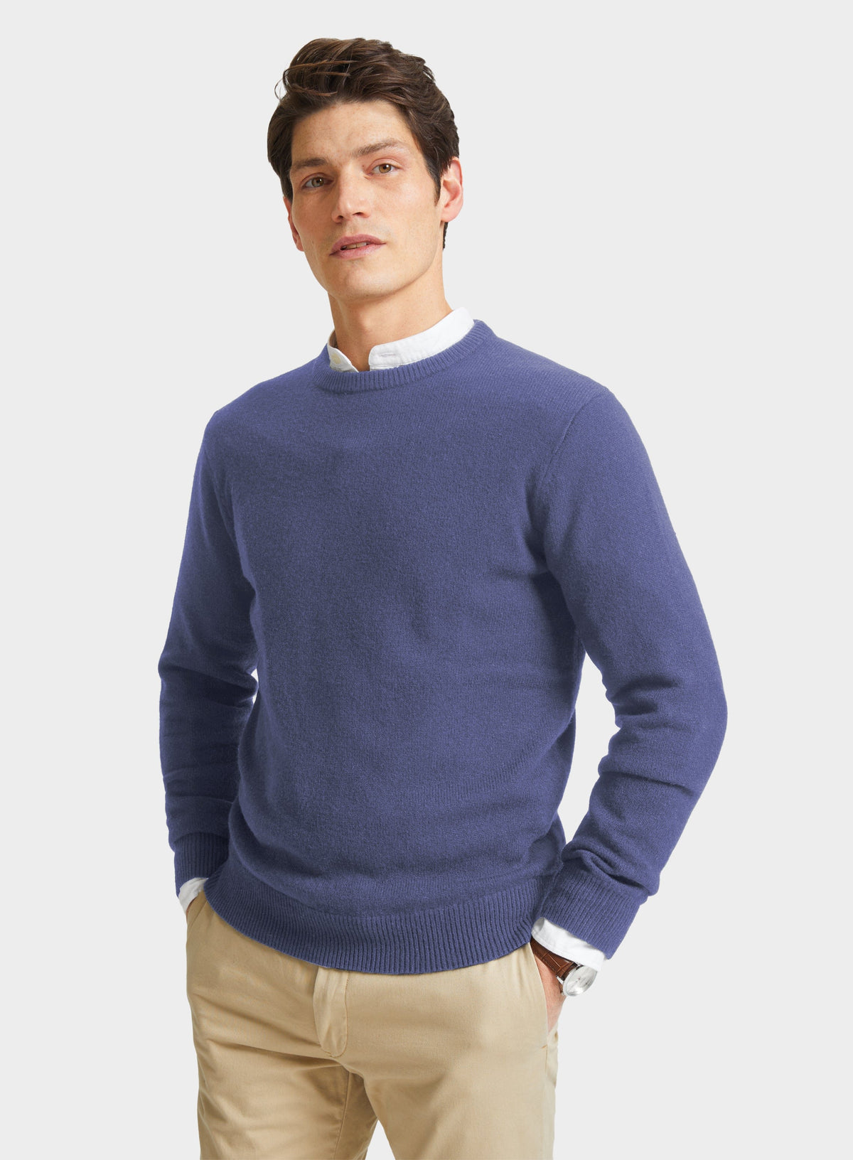 Men’s lambswool crew neck jumper in Denim.