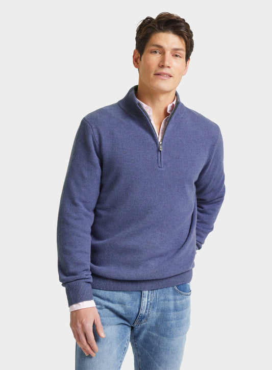 Men’s lambswool quarter zip jumper in Denim.