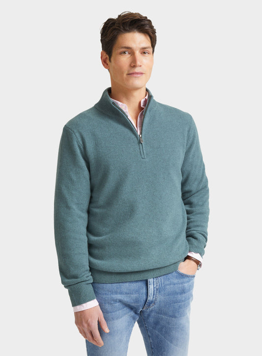 Men’s lambswool quarter zip jumper in Green.