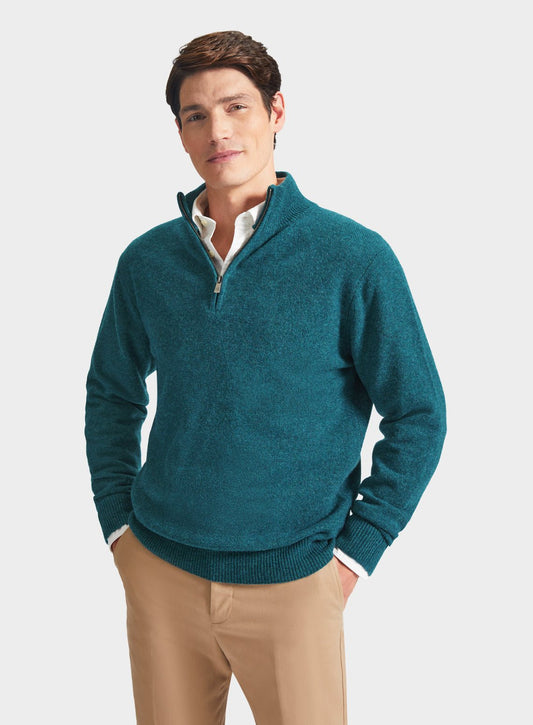 Men’s lambswool quarter zip jumper in Petrol.
