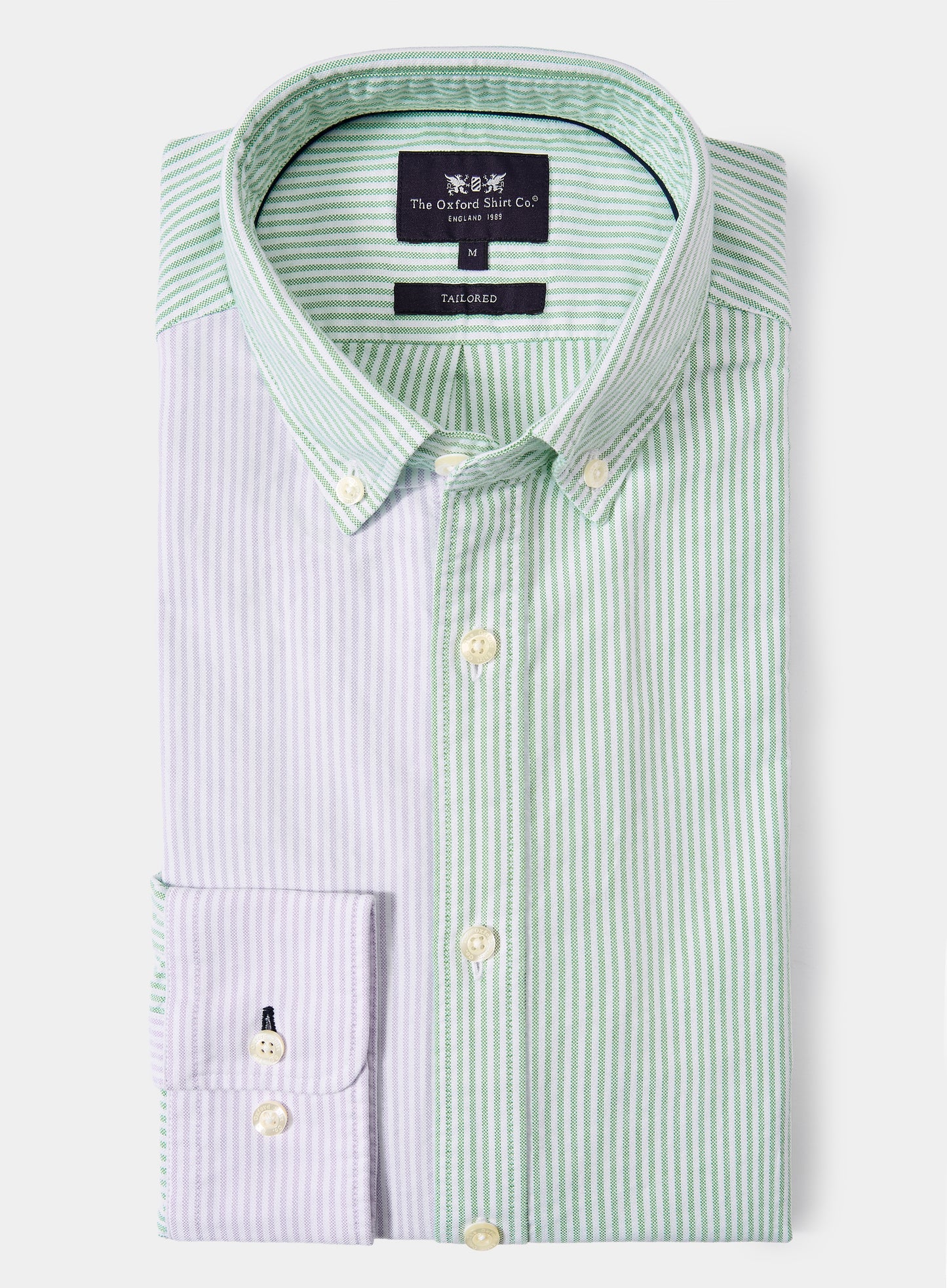 Men's lilac and green patch stripe Oxford button-down shirt folded front view with collar and cuff detail