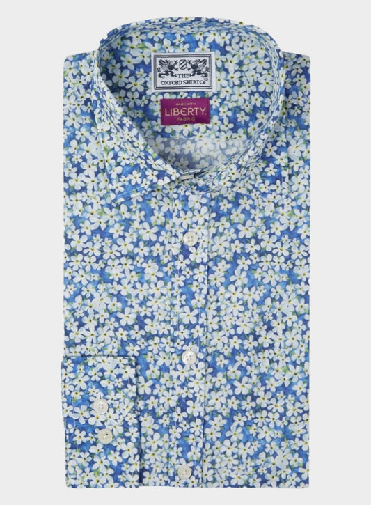 Men’s shirt in Petal Wish Blue Liberty fabric.