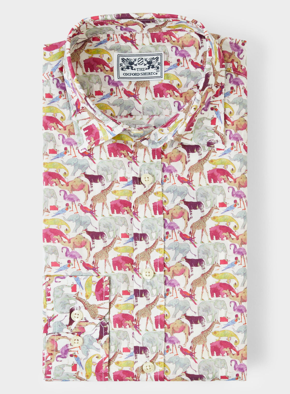 Men’s shirt in Queue for the Zoo Purple Liberty fabric.