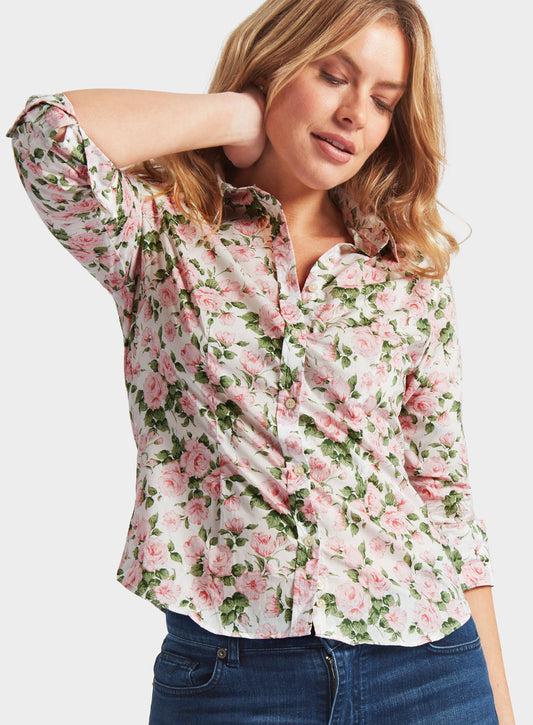 Women’s shirt in Caroline Rose Pink Liberty fabric.