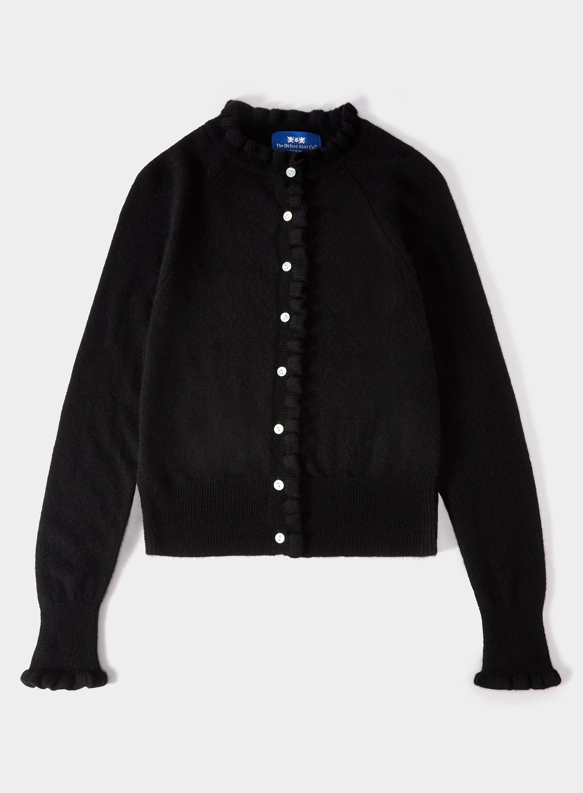 Women’s cashmere frill cardigan in Black.