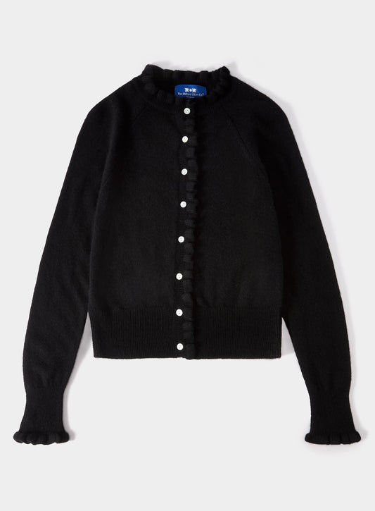 Women’s cashmere frill cardigan in Black.