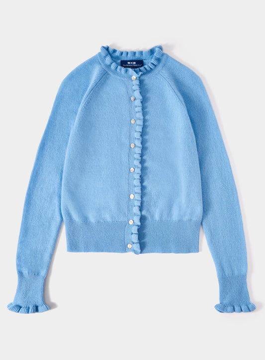Women’s cashmere frill cardigan in Periwinkle.