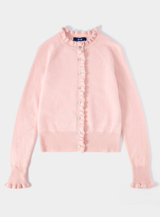 Women’s cashmere frill cardigan in Pink.