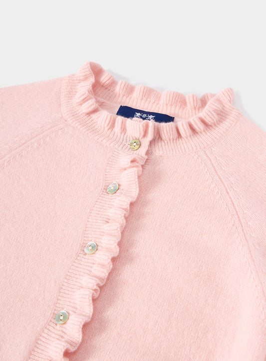Women’s cashmere frill cardigan in Pink.