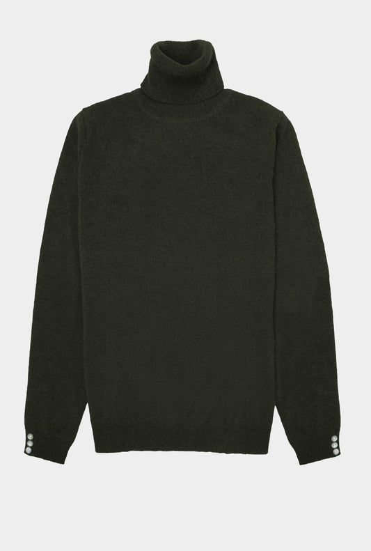 Women’s cashmere roll neck jumper in Highland Green.