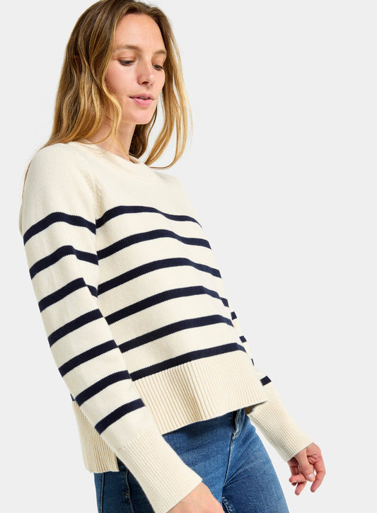Women’s cotton cashmere crew neck jumper in Ecru and Navy Stripe.