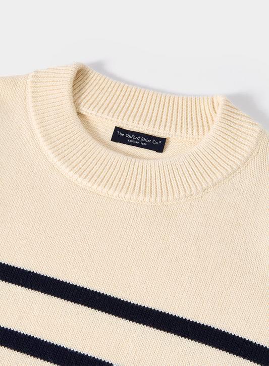 Women’s cotton cashmere crew neck jumper in Ecru and Navy Stripe.