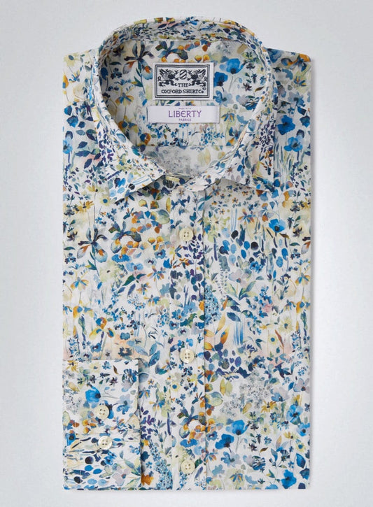 Women’s shirt in Felda Blue Liberty fabric.