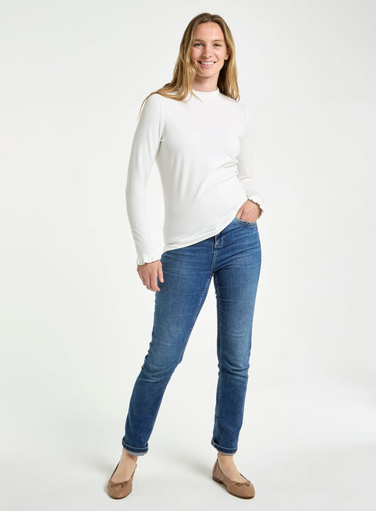 Women’s frill neck long sleeve top in Ivory.